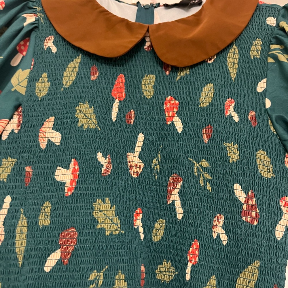 Teal Mushroom Print Mini Dress with Brown Peter Pan Collar - Picture 2 of 5